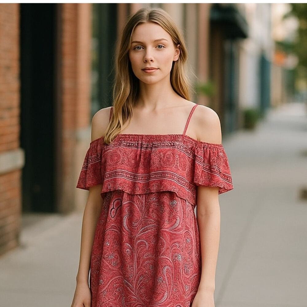 MASSINI Boho Orange Red Paisley Bohemian Off The Shoulders Dress ~ Women's XL